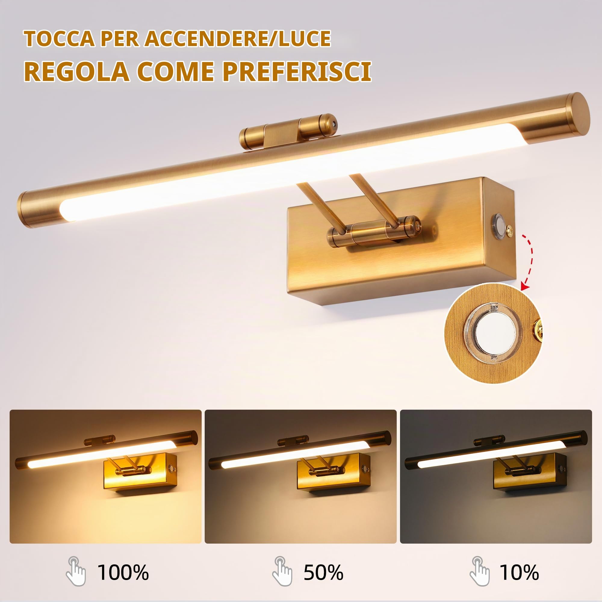 Specchio Luce Bagno LED 40cm 8W 3000K Dimmerabile Testa della Lampada Girevole IP44 Impermeabile Luce Calda Regolabile per Trucco Design Moderno