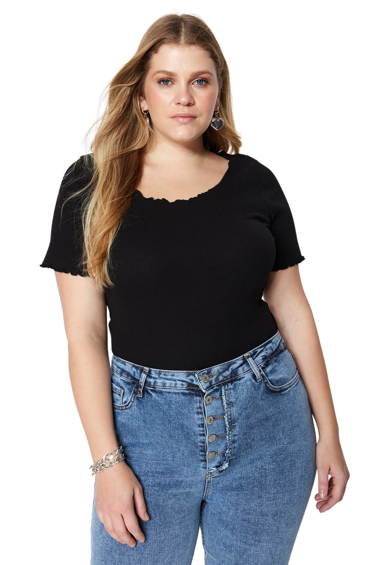 Trendyol Damen Tailliertes Basic Quadratischer Kragen Strick Übergröße Bluse Shirt, Schwarz, XX-Large Plus