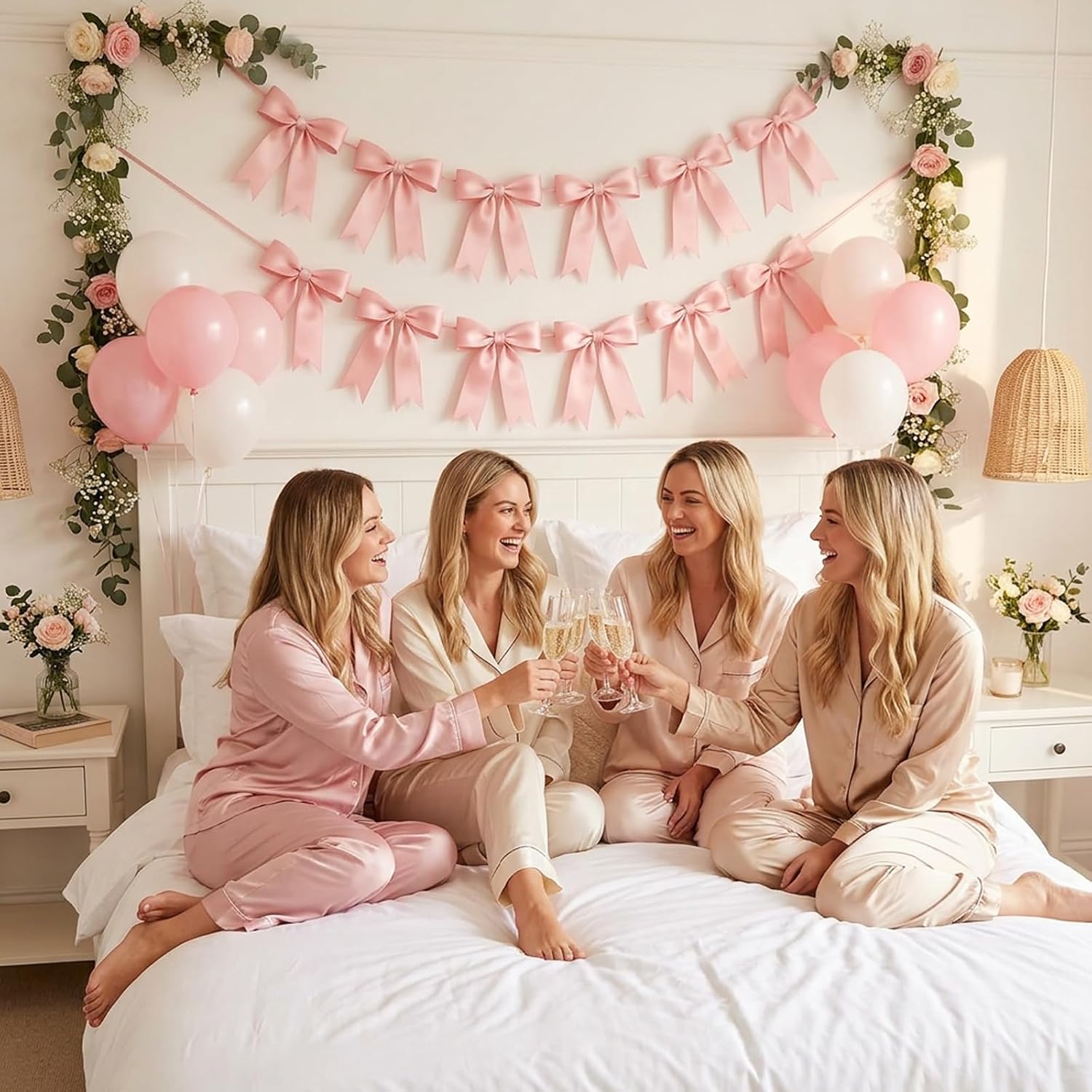 Bow Garland, Pink Room Decor, 2 Strings of 16 PCS Pink Bow Garland Banner Decoration, Pink Bow Decor for Birthday, Baby Shower, Bridal Shower, Bow Themed Party, Wedding, Christmas Tree Decorations