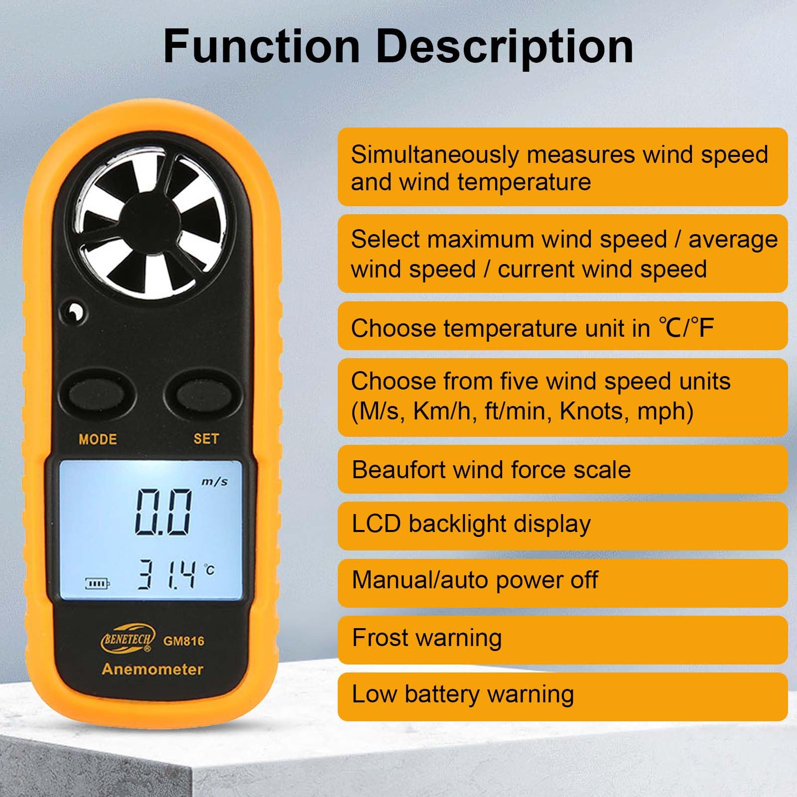 Anémomètre numérique portable pour mesurer la vitesse du vent/la température/le refroidissement éolien, pour drone, voile, surf, pêche