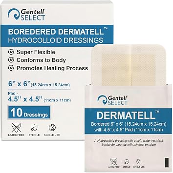 Dermatell Hydrocolloid Bandages 6x6 10 Pack, Bordered Wound Dressings - Soft Hydro Colloid Gel Layer for Comfort and Protection