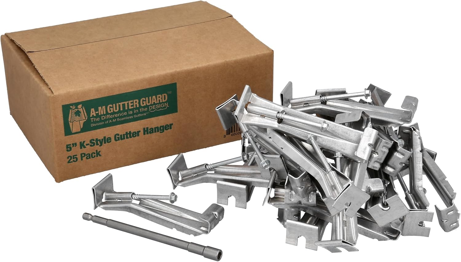 A-M Gutter Guard - 5" K Style Gutter Hangers (25 Pack) - Heavy Duty Hidden Rain Gutter Bracket Support With Speed Screw and Clip - For 5 - K Style Aluminum Gutters - Includes 1/4" x 6" Hex Bit