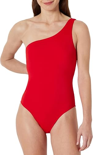 Amazon Essentials Women's One-Shoulder One-Piece Swimsuit, Bright Poppy Red, Med