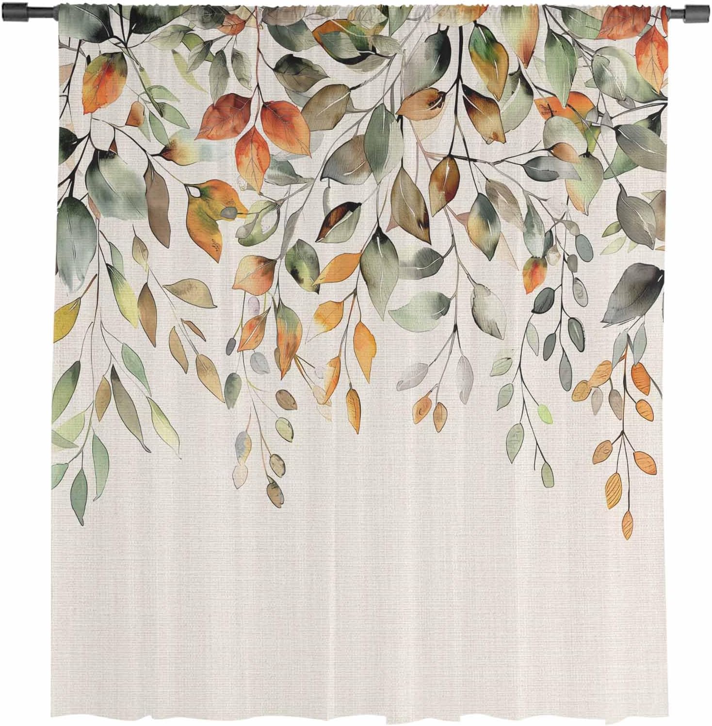 Fall Thanksgiving Eucalyptus Window Curtain 96 Inches Long,Farmhouse Sage Green Orange Semi Sheer Rod Pocket Chiffon Curtain & Drapes Voile Draperies Living Room Bedroom Kitchen Window Treatment