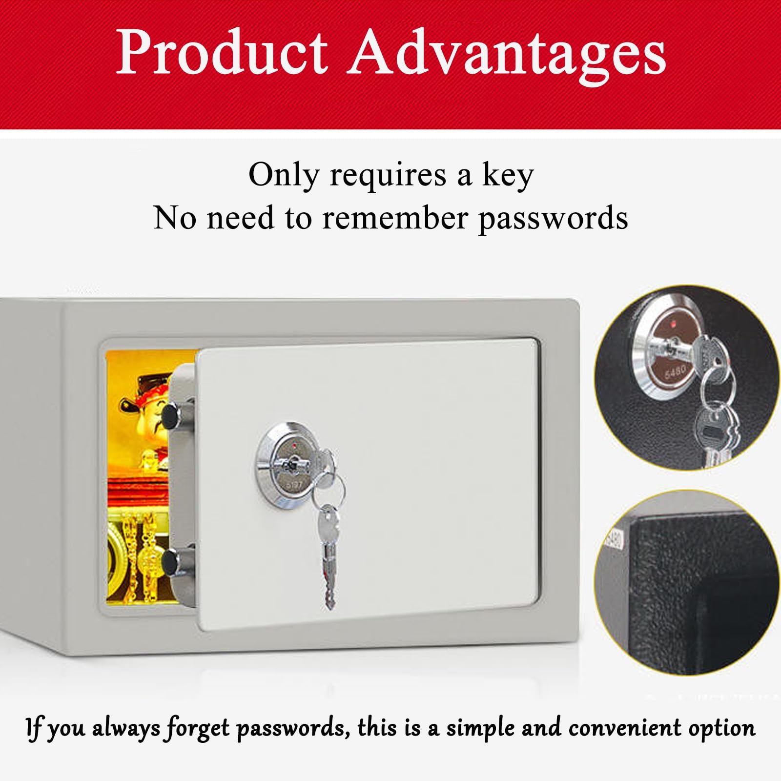 Piccola cassaforte ignifuga con chiave, cassetta di sicurezza in acciaio impermeabile, cassaforte personale portatile casa for proteggere documenti d'identità, carte e gioielli(WHT,F)