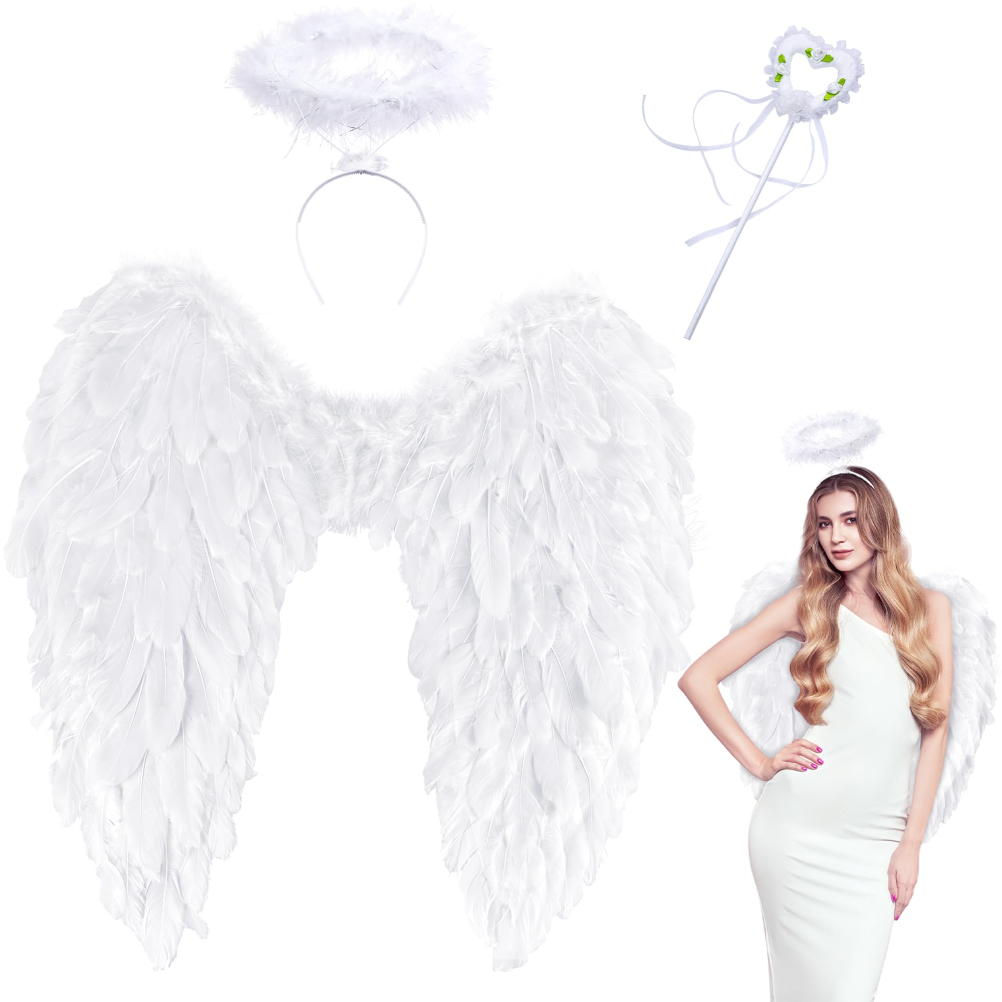 OrgoueAngel Wings and Halo, Angel Costume for Woman Girls Kids Teens Angel Accessories for Halloween Party Cosplay