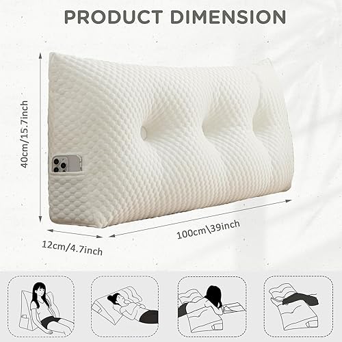 Miniatura 4 de otoez Almohada de cuña de 39.4 x 15.7 x 4.7 pulgadas, almohadas triangulares con respaldo de cuña para leer y sentarse, trabajar, almohada