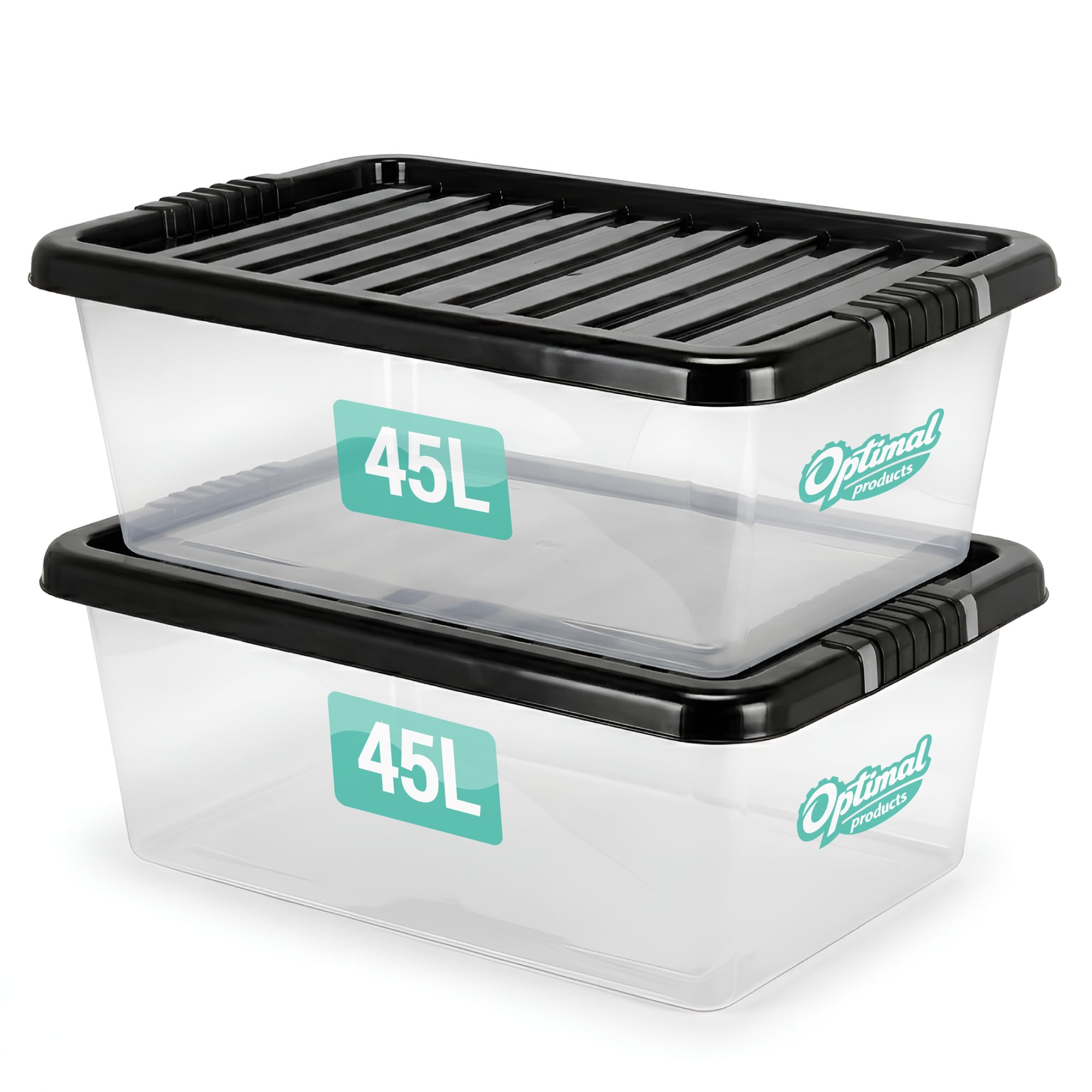 2 x 45 Litre Storage Boxes with Lids Set of 2, Clear Multipurpose Nestable Stackable Plastic Storage Box 45L Clear Containers Boxes For Home, Kitchen, Office, Garage, Accessories Uses
