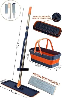 Kendinden Sıkmalı Tekerli Kovalı Mop Seti - Kendinden Sıkmalı Mop Katlanabilir 1 Yedek Bez Kovalı Mop