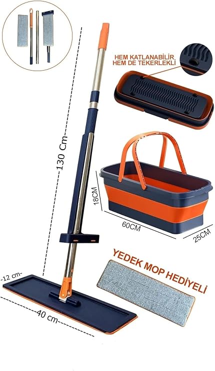 Kendinden Sıkmalı Tekerli Kovalı Mop Seti - Kendinden Sıkmalı Mop Katlanabilir 1 Yedek Bez Kovalı Mop