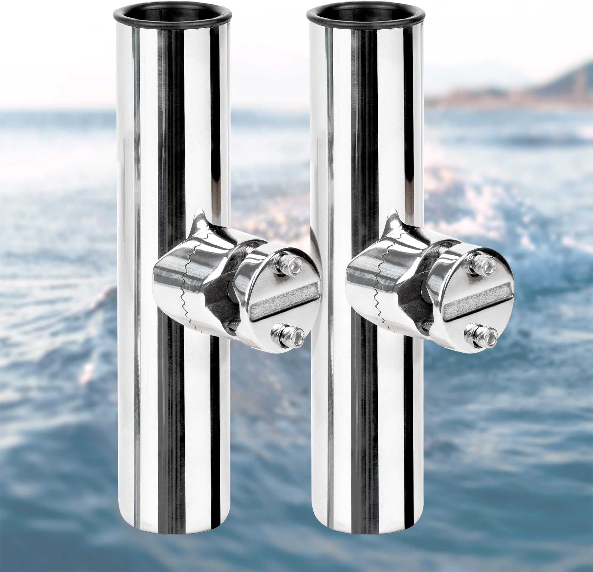 2 Pack Fishing Rod Holders for Boat Rail Mount, Stainless Steel Clamp on Rod Holder for Marine Boat, Fishing Boat, Pontoon, Jon Boat