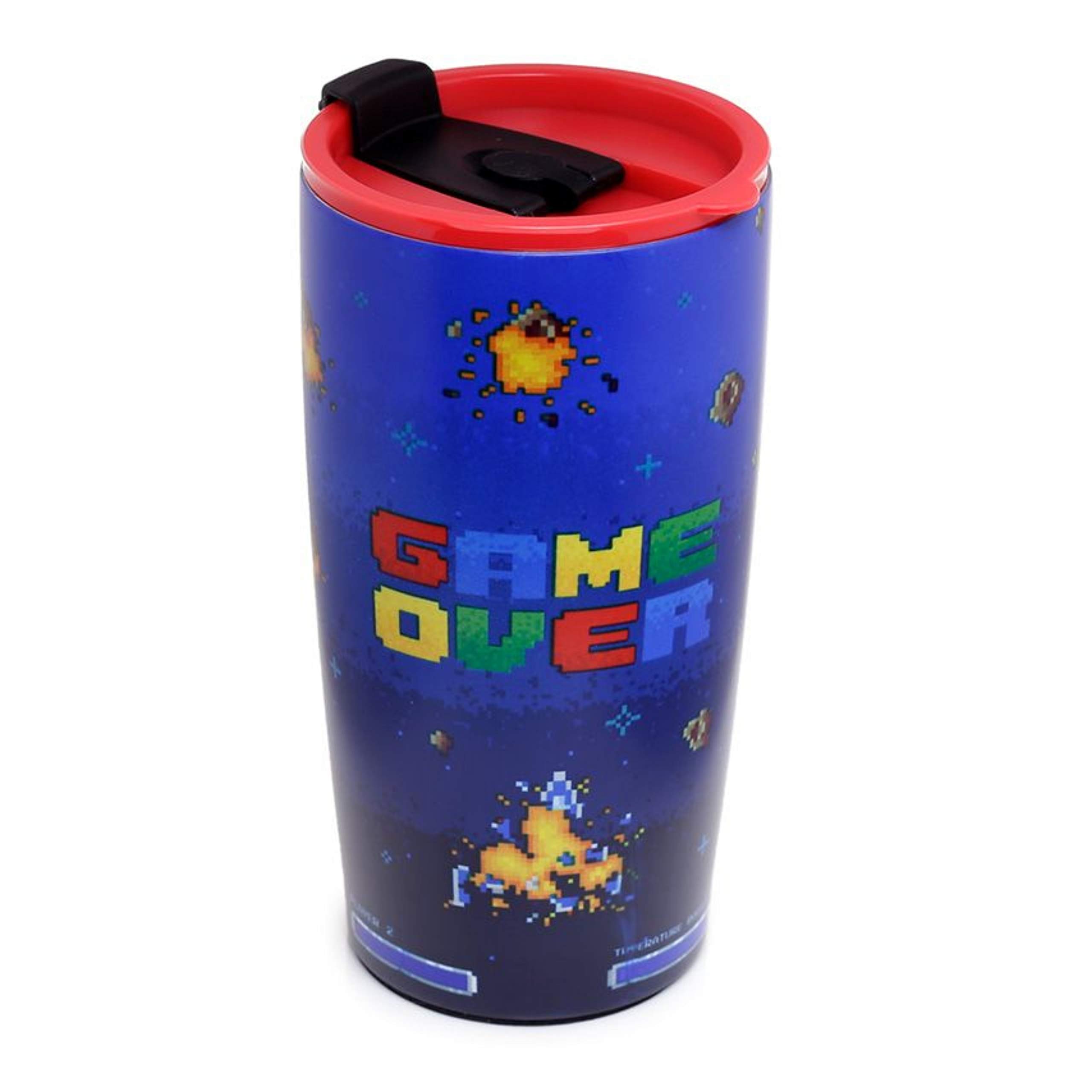 Puckator Blue Game Over Reusable Stainless Steel Steel Hot & Cold Thermal Insulated Food & Drink Cup 500Ml - Travel Mug - Tumbler With Straw And Lid - Insulated Bubba Cup - Thermal Drink Bottle