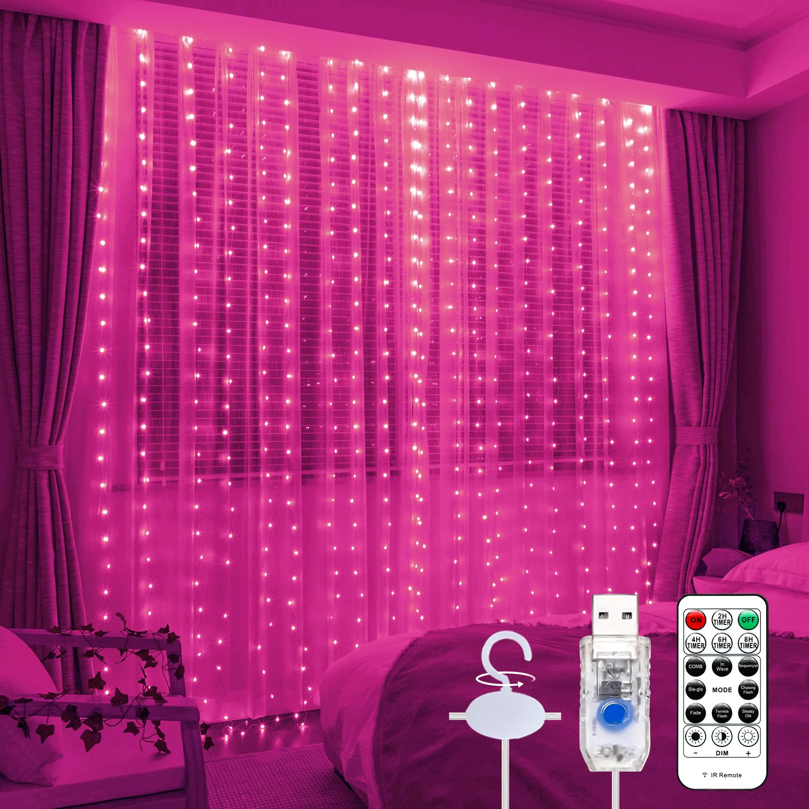 SINAMER Pink Curtain Light with Untangled Wires for Bedroom, 300LED 9.8ft x 9.8ft Window Fairy Curtain String Light with 16 Hooks, 8 Models Remote