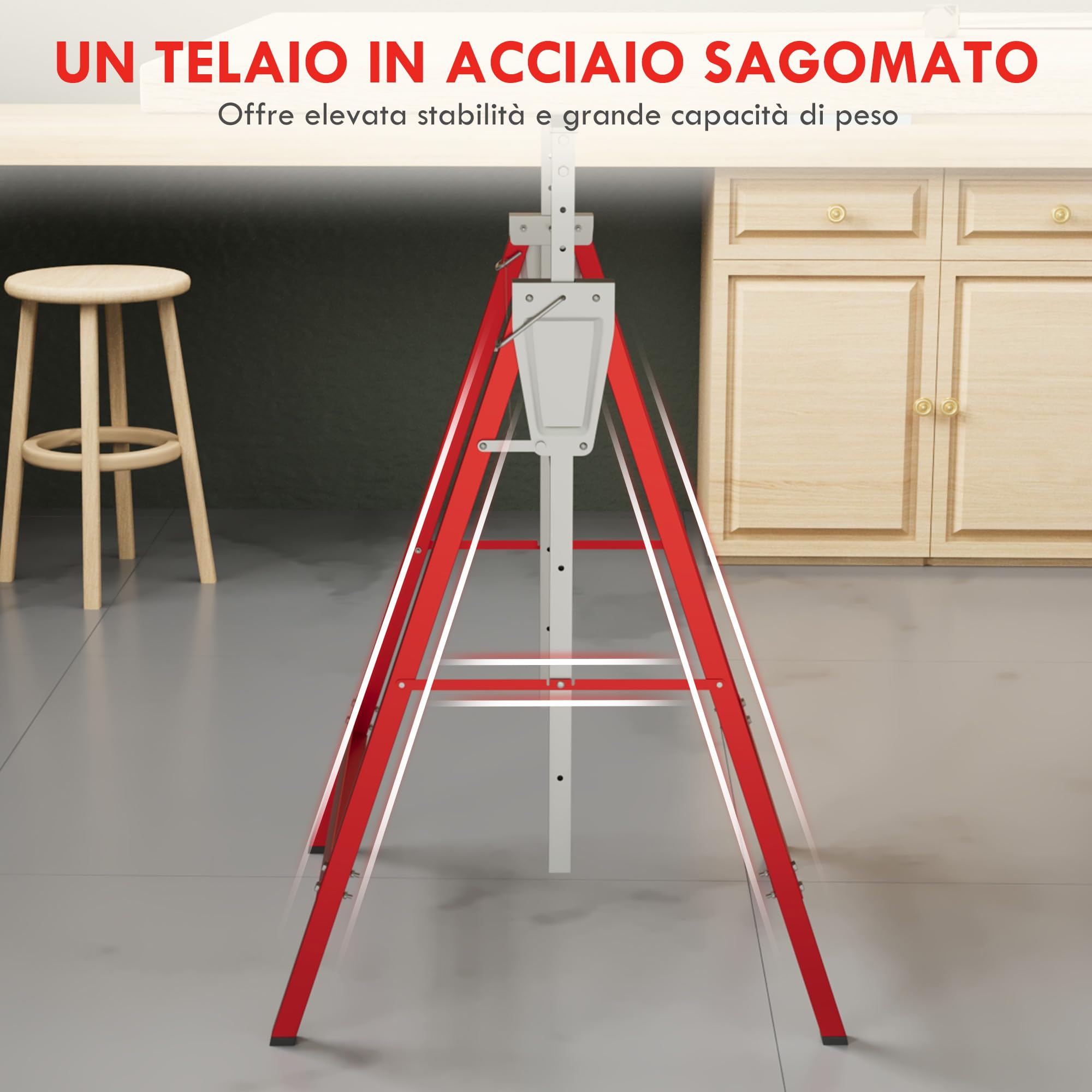 HOMCOM Set 2 Cavalletti da Lavoro Pieghevoli Portata 200 kg, Altezza Regolabili 80-130 cm, Cavalletti Telescopici Salvaspazio in Acciaio per Fai da Te, Garage e Giardino, Rosso e Argento