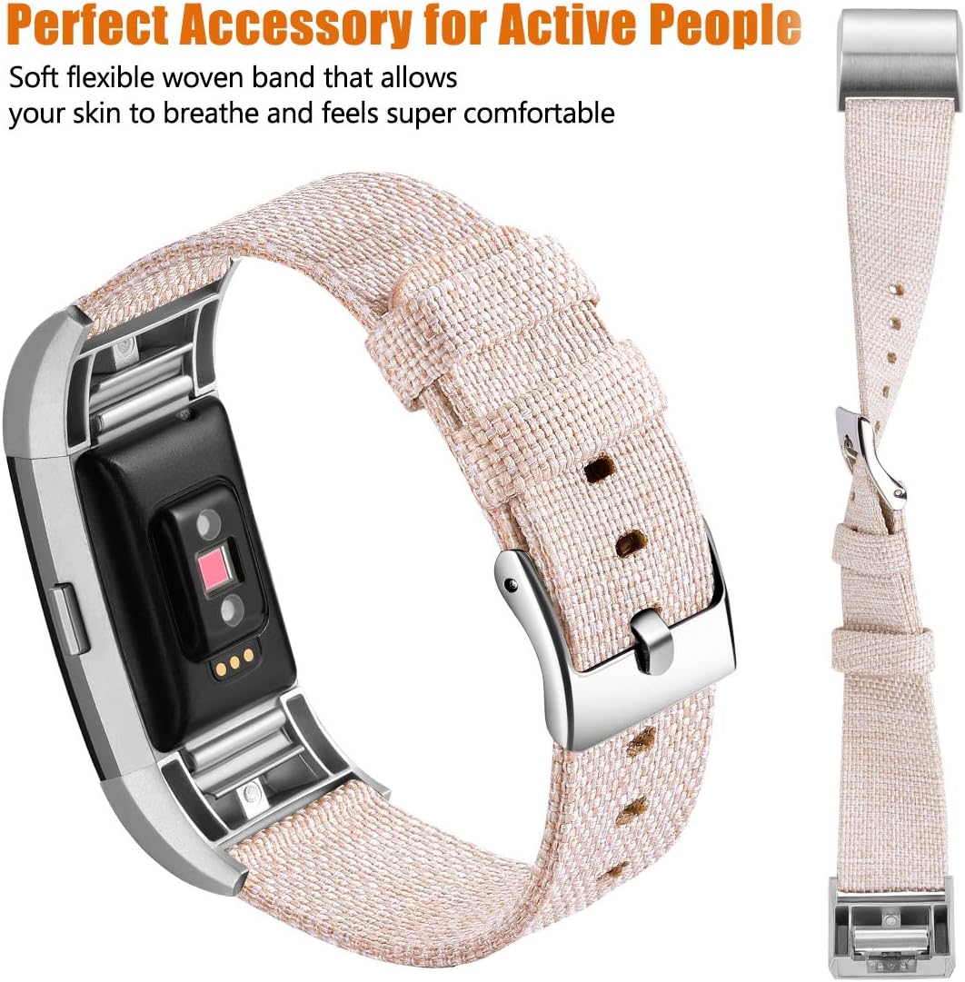 Maledan Bands Compatible with Charge 2 and Charge 2 HR Fitness Activity Tracker for Women Men, Durable Woven Fabric Watch Band Replacement Accessories Strap Wristband, Small, Beige