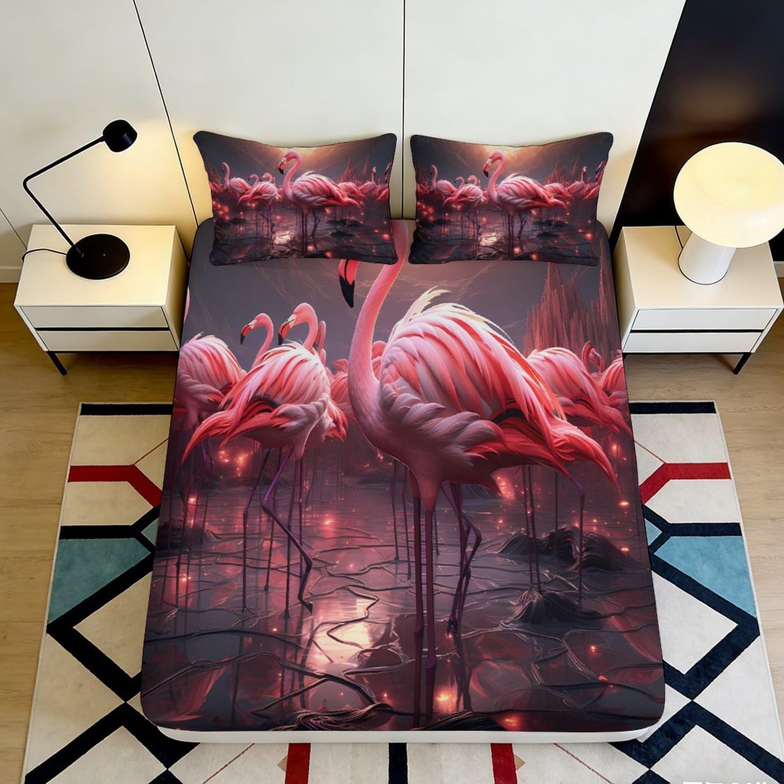 3D Printed Flamingo Fitted Sheet Microfiber Deep Pocket Bedroom Bedding Flamingo Mattress Fitted Cover Non-Slip for Adults Teens 200x200x25cm 90x200x25cm