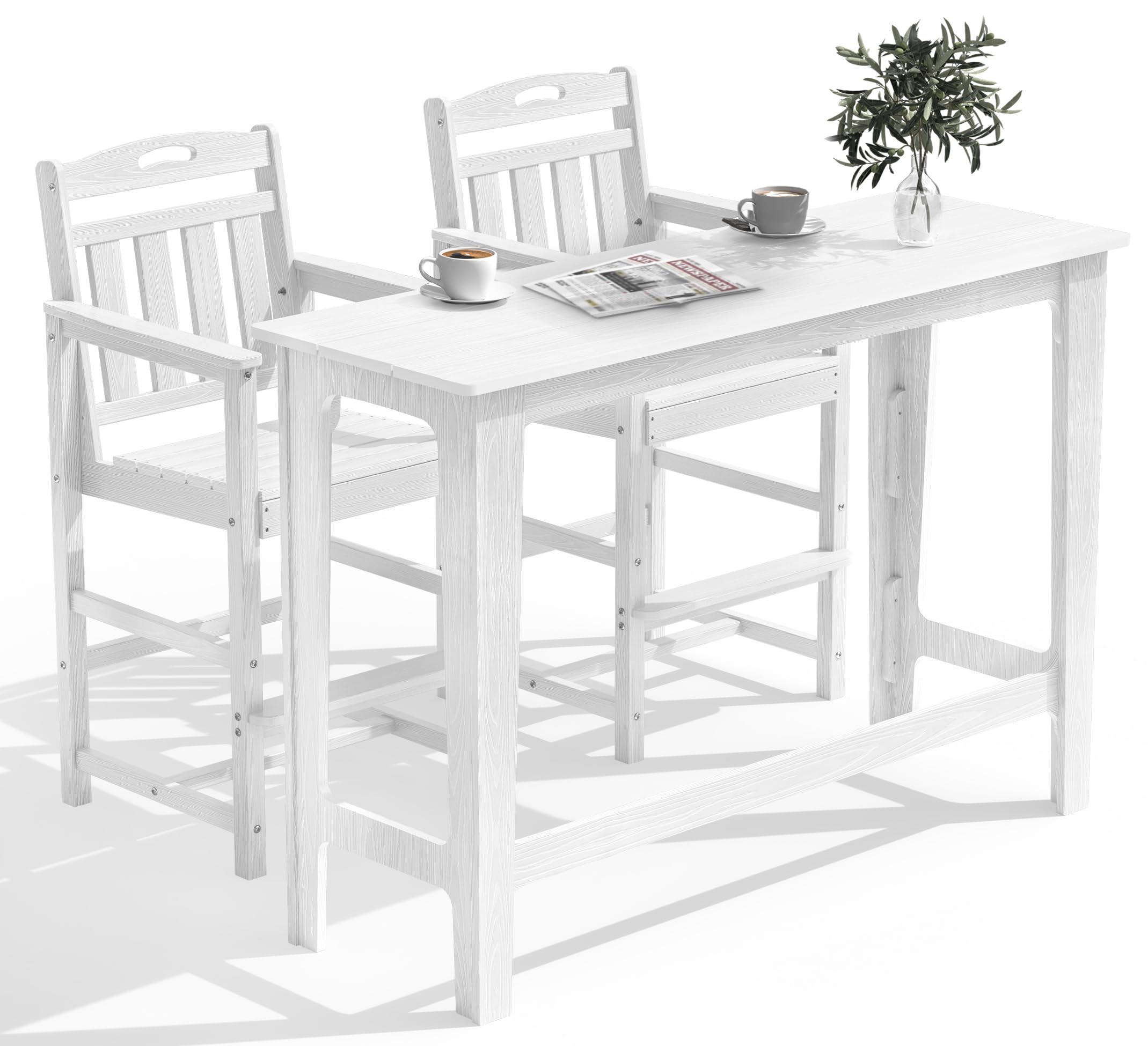 Outdoor Patio Bar Height Table and Tall Adirondack Chairs Set of 2, All-Weather HDPE High Top Long Rectangle Pub Furniture for Outside Balcony Bistro Backyard Pool Deck | 3-Pieces, White