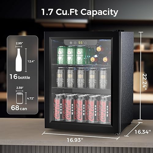 Miniatura 2 de Kndko Refrigerador y enfriador de bebidas, 16 botellas de 68 latas con puerta de vidrio para vino, cerveza y refrescos, refrigerador de bebidas con