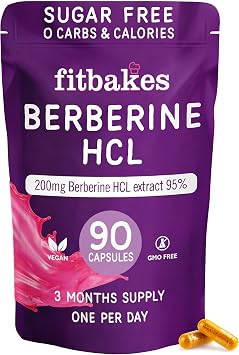 Fit bakes Berberine HCL 90 Sugar Free Capsules, 0 Carb Keto, 0 Kcal, 200mg | Berberine Supplement, Keto Friendly, Low Calorie, 1 Per Day, Non-GMO, No Artificial Colours, 3 Month Supply, Vegan, Fitbakes