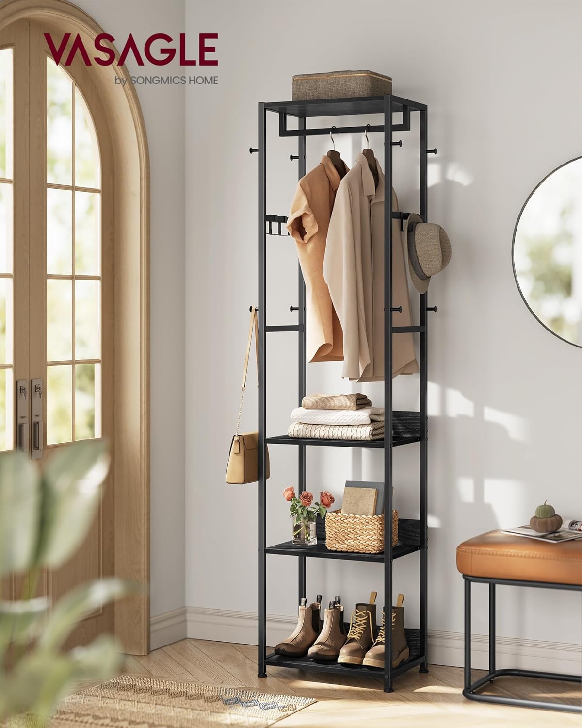 VASAGLE Coat Rack, Freestanding Hall Tree with Shelves, Hanging Rail, and Hooks, Space-Saving Coat Stand, Steel Frame, for Clothing, Bags, Hats, Ink Black and Charcoal Gray URCR061BD03