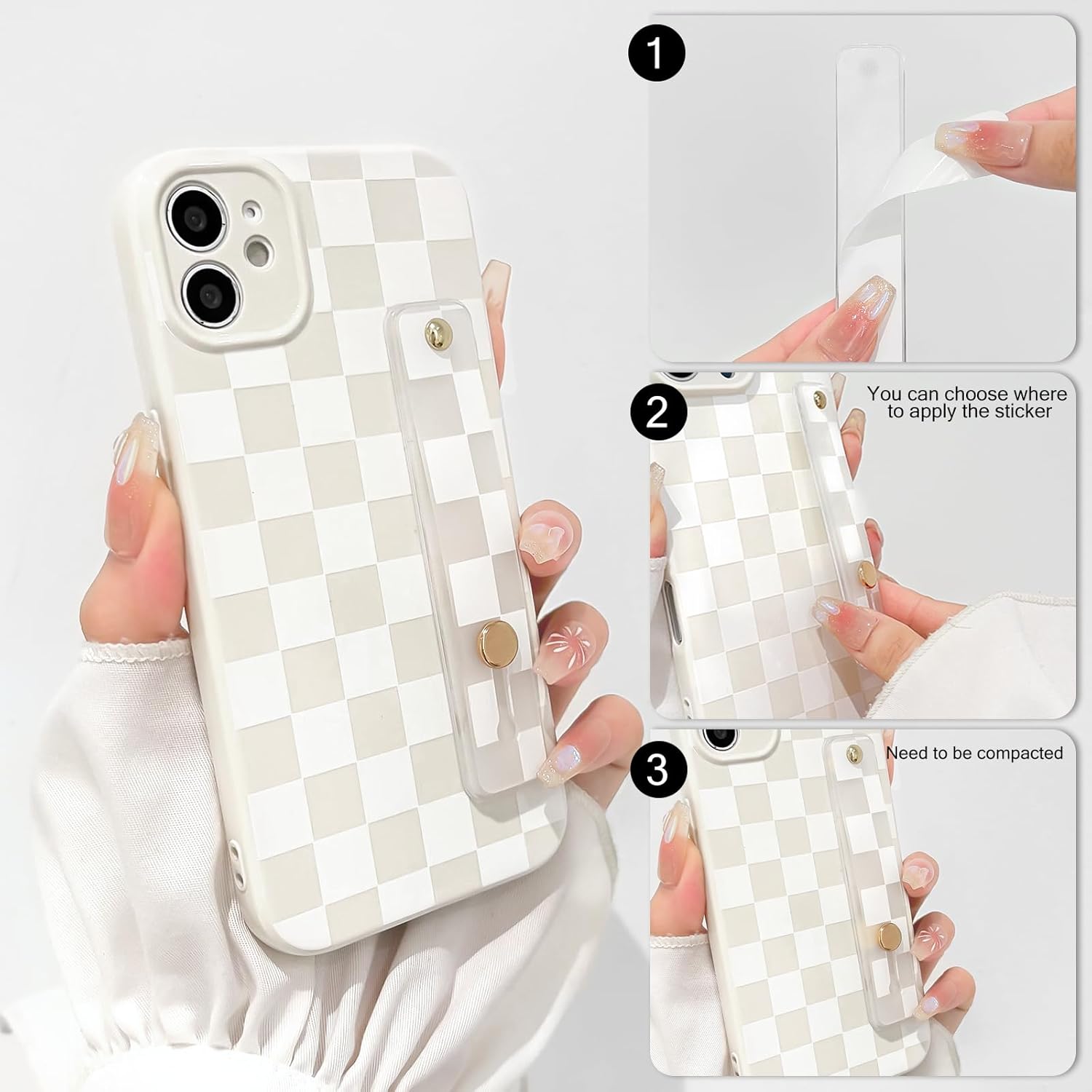 NITITOP Compatible with iPhone 12 Case with Wrist Strap Kickstand Cute Trendy Checkerboard Plaid for Women Girls Slim Fit TPU Silicone Shockproof Full Camera Protective Cover - White - Image 2