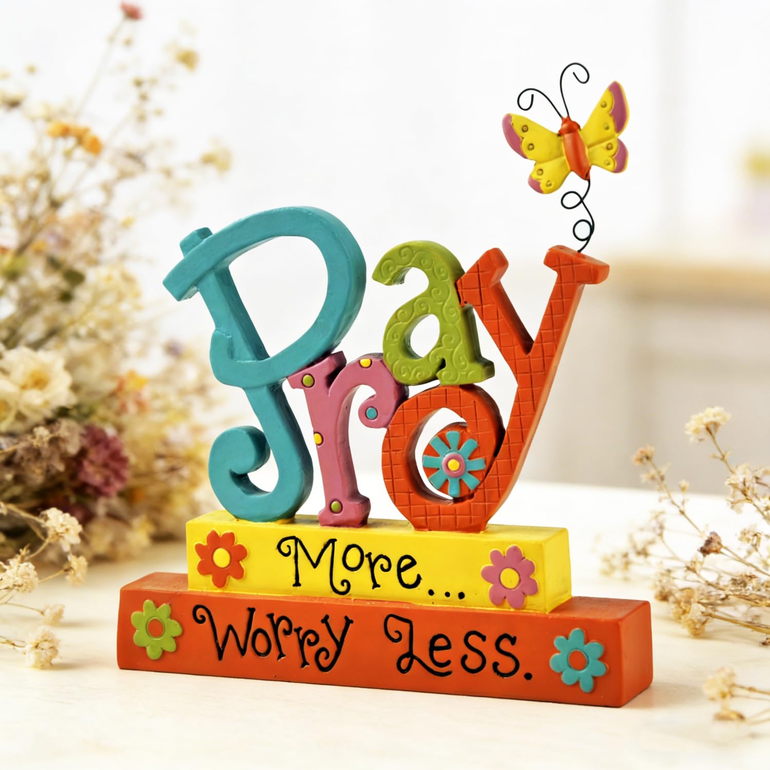 Pray More Worry Less Ornament, Resin Butterfly Inspirational Decor