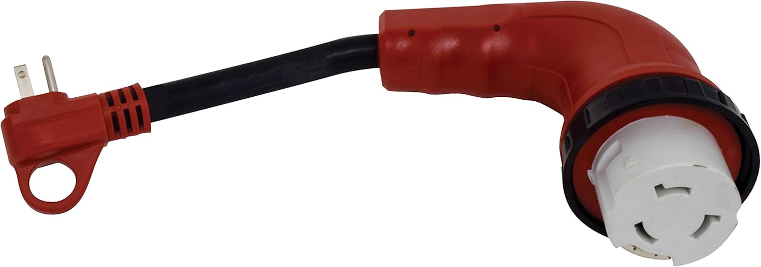 Valterra A10-1550D90 Mighty Cord 90° Detachable 12" Adapter Cord - 15AM to 50AF, Red