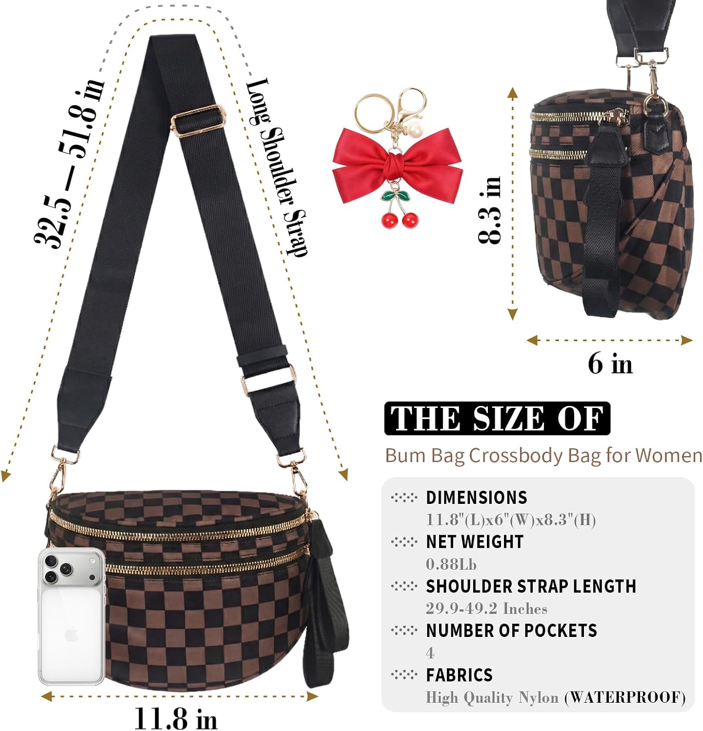 Checkered Crossbody Bag for Women, Spacious Sling & Stylish Bum Bag for Travel, Concerts, Festival, Nylon Fanny Pack Belt Bag (Brown Black Checkered) image 5