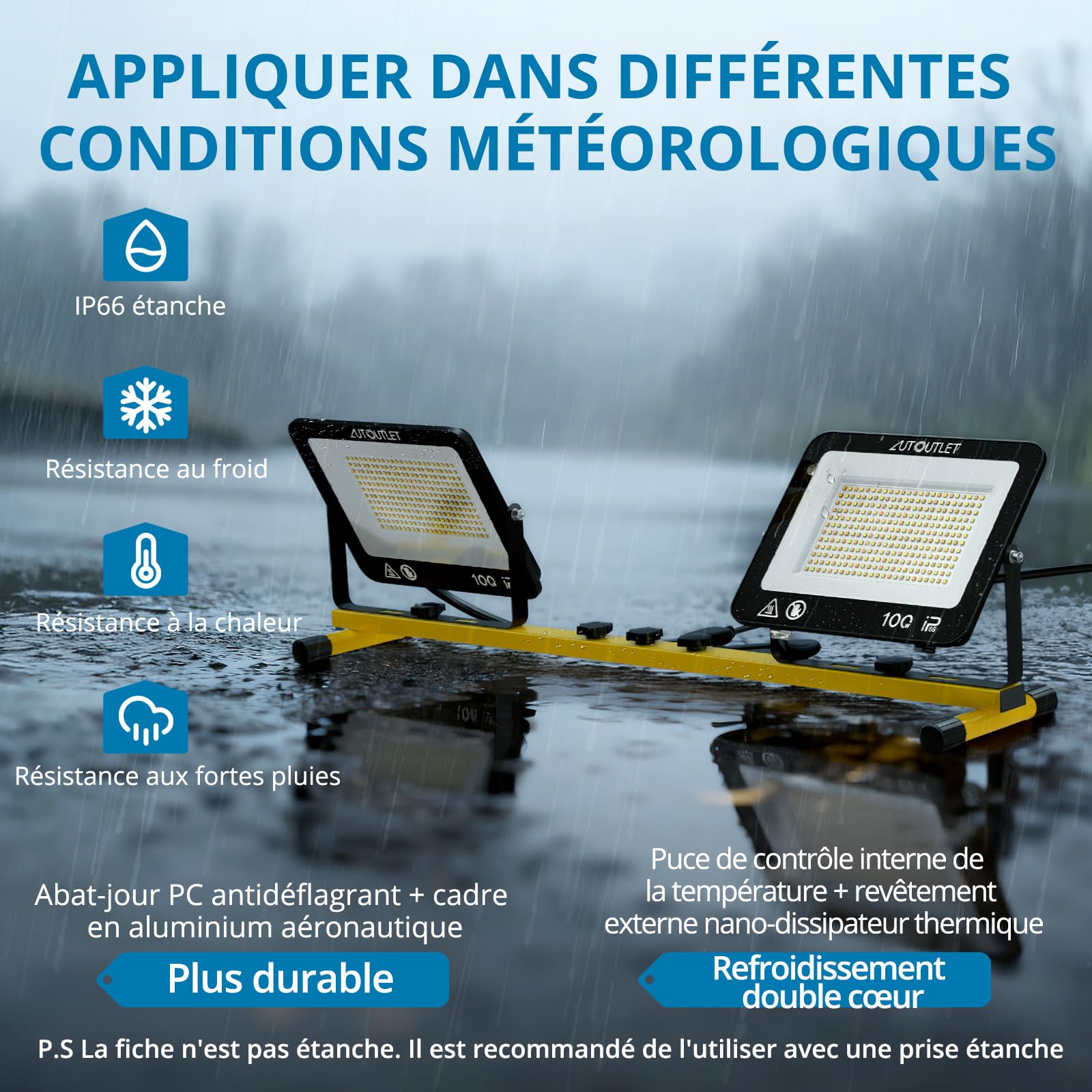AUTOUTLET 2x 100W Projecteur De Chantier LED Avec Trépied, 19000LM Lampes de Travail à LED Trépied Réglable Avec 3 Modes de Température de Couleur, Câble 5M, IP66 Étanche