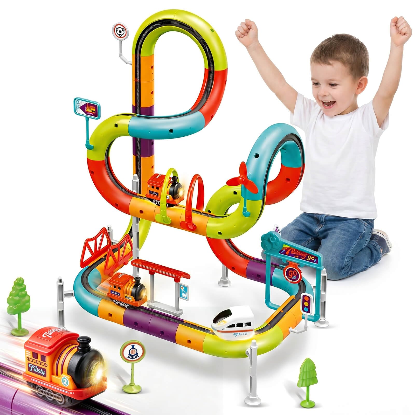 72 PCS Electric Track Fusion Train Toy Flexible Race Track Set for Kids Gifts for Boys Girls Age 3 4 5 6 7 8 9 10 Birthday Presents 3D Anti-Gravity STEM Building Train Toy