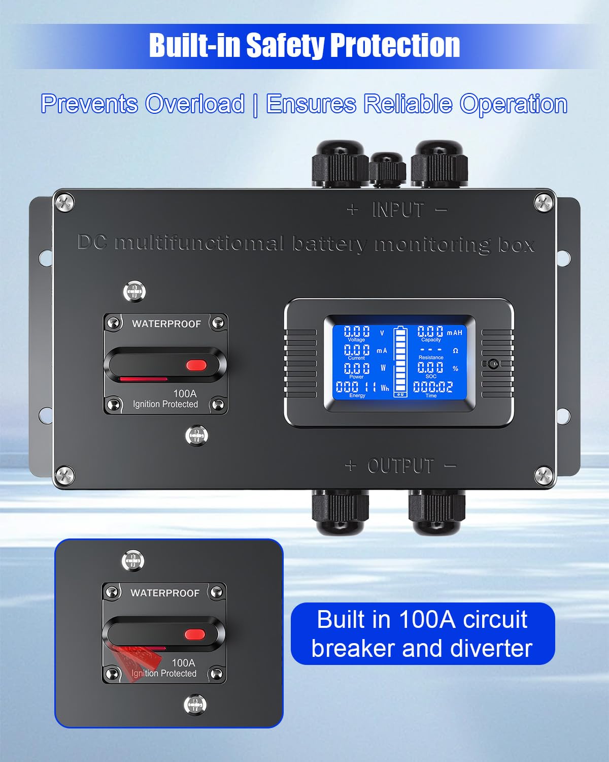Multifunction Battery Monitor Meter, Battery Tester with 100A Circuit Breaker and Shunt, 0-200V 0-300A LCD Display Digital Multimeter Voltmeter Ammeter for 12V/24V/48V Automotive RV Solar Energy