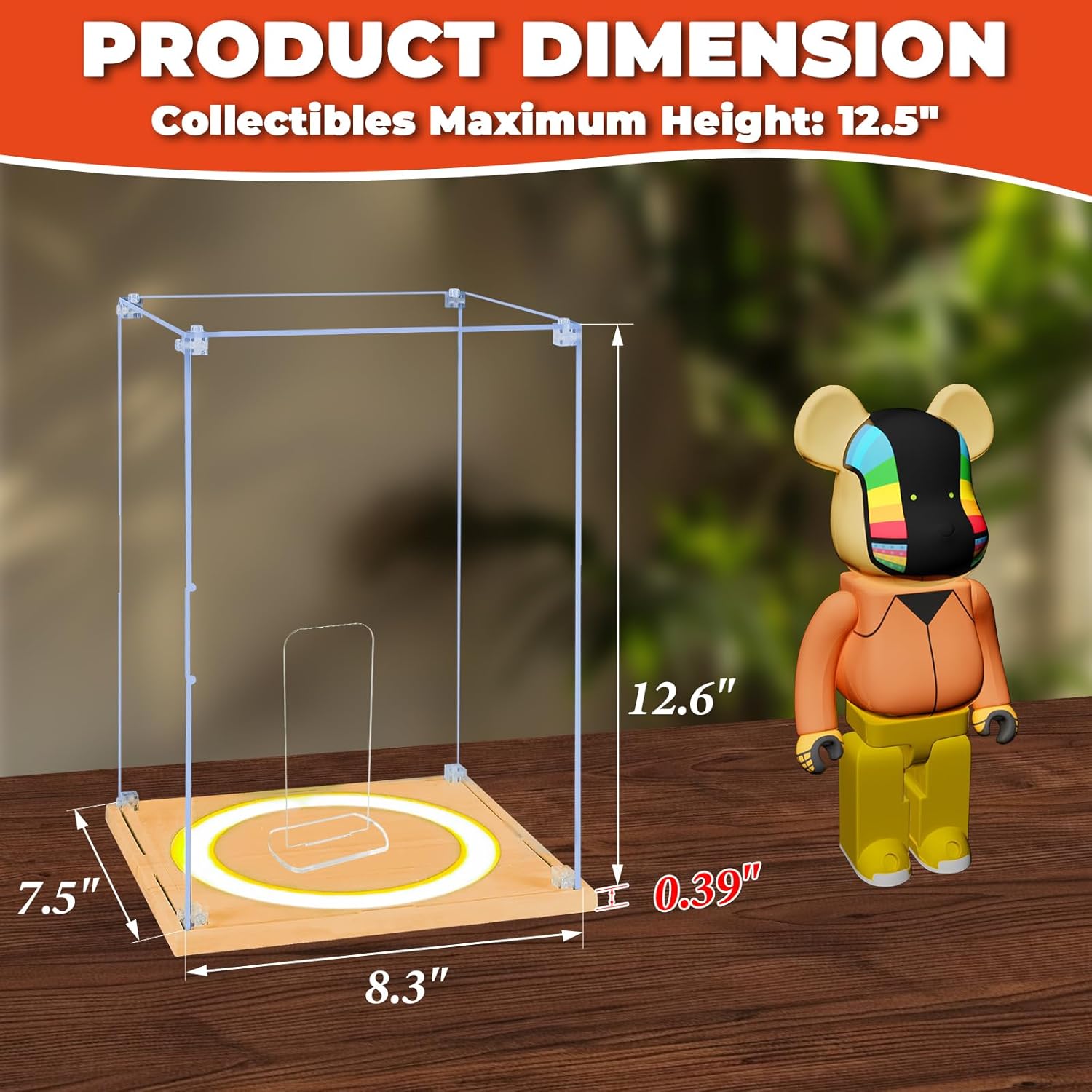 Clear Acrylic Display Case with Light for 400% bearbrick,3 Color LED Light for Collectibles, Wood Base Dustproof Protection Display Box for Action Figures(8.3"×7.5"×12.6")