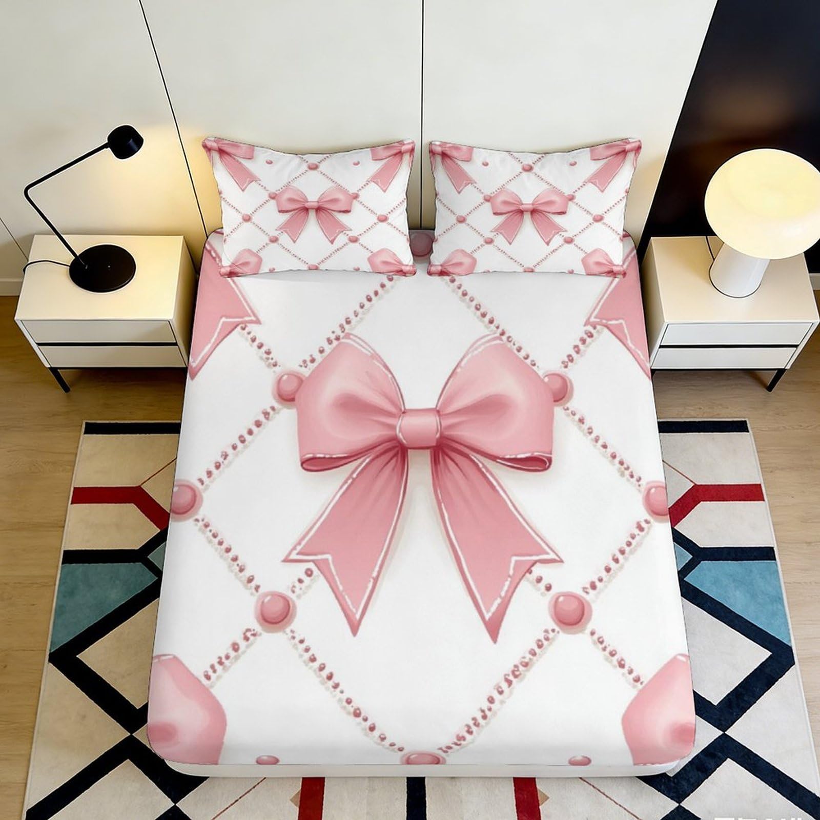 3D Printed Pink Bow Fitted Sheet Microfiber Soft Breathable Ribbon Bed Sheet for Bedroom Dormitory Guest Room Mattress Protection Decor 200x200x25cm
