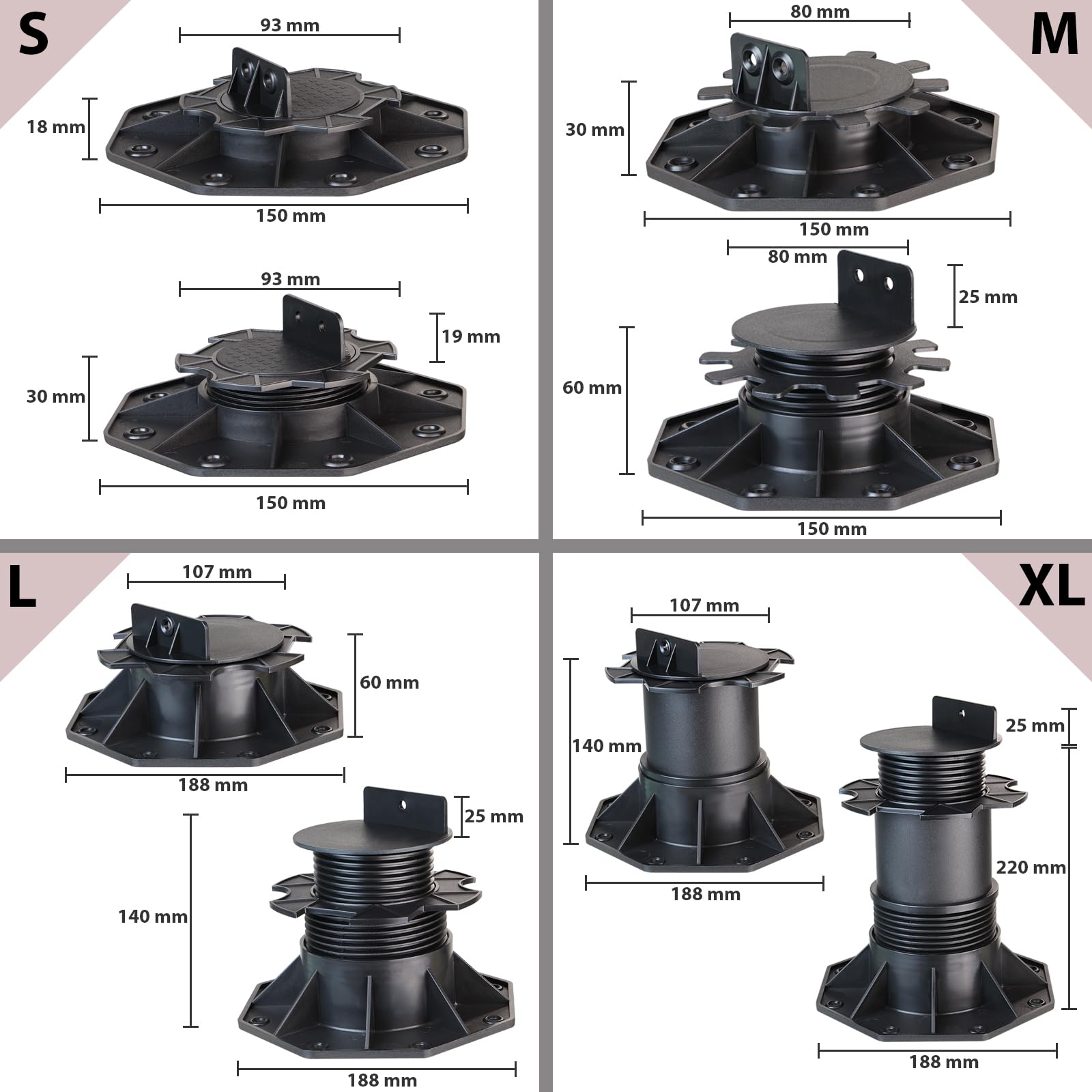 Montafox 10 x Plot Réglable 18-220 mm Support Terrasse WPC Bois Pieds