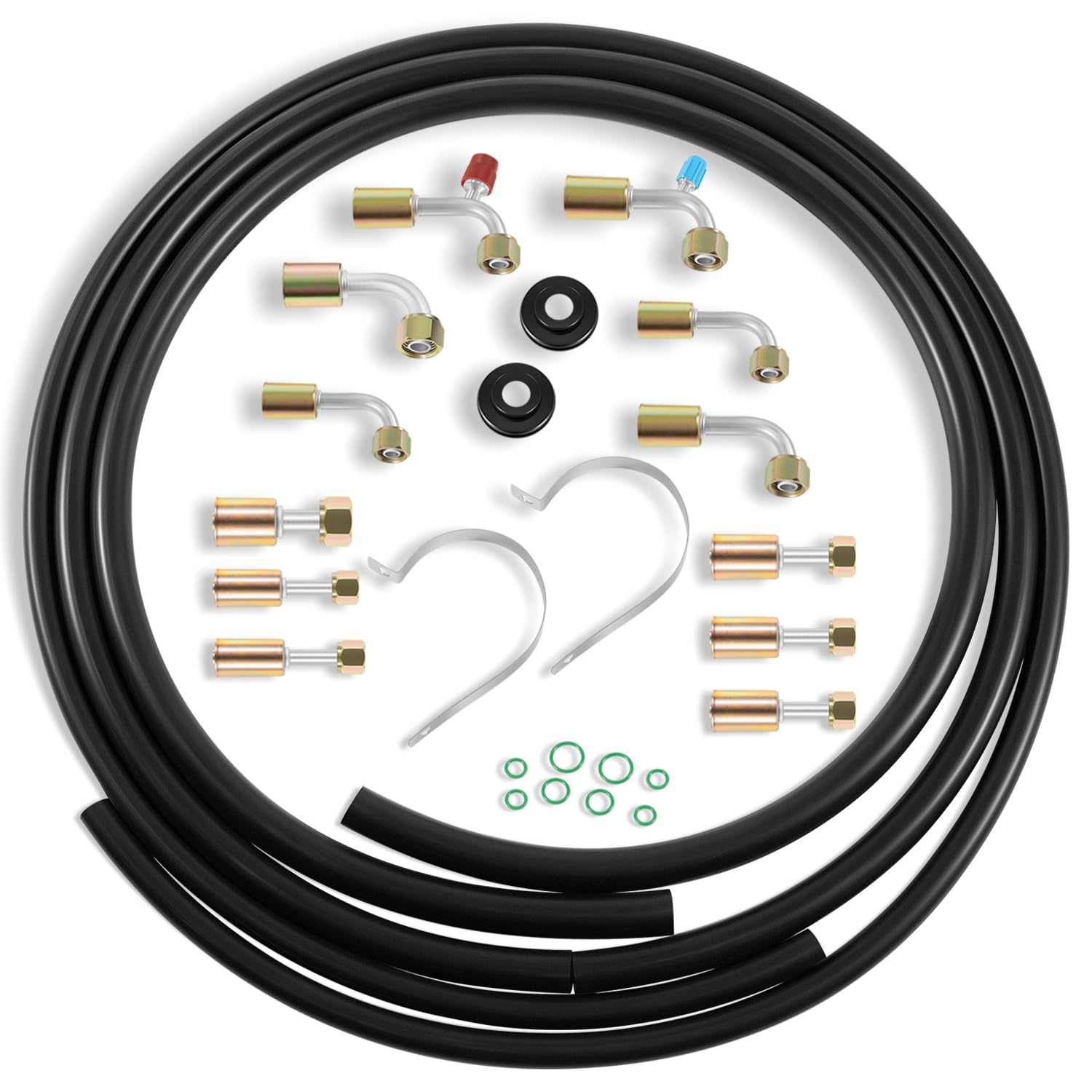42810100 A/C Hose & Fitting Kit, Complete Set Includes AN6/AN8/AN10 Hoses, Straight & 90° Fittings, O-Rings, Band Clamps & Grommets for Custom Air
