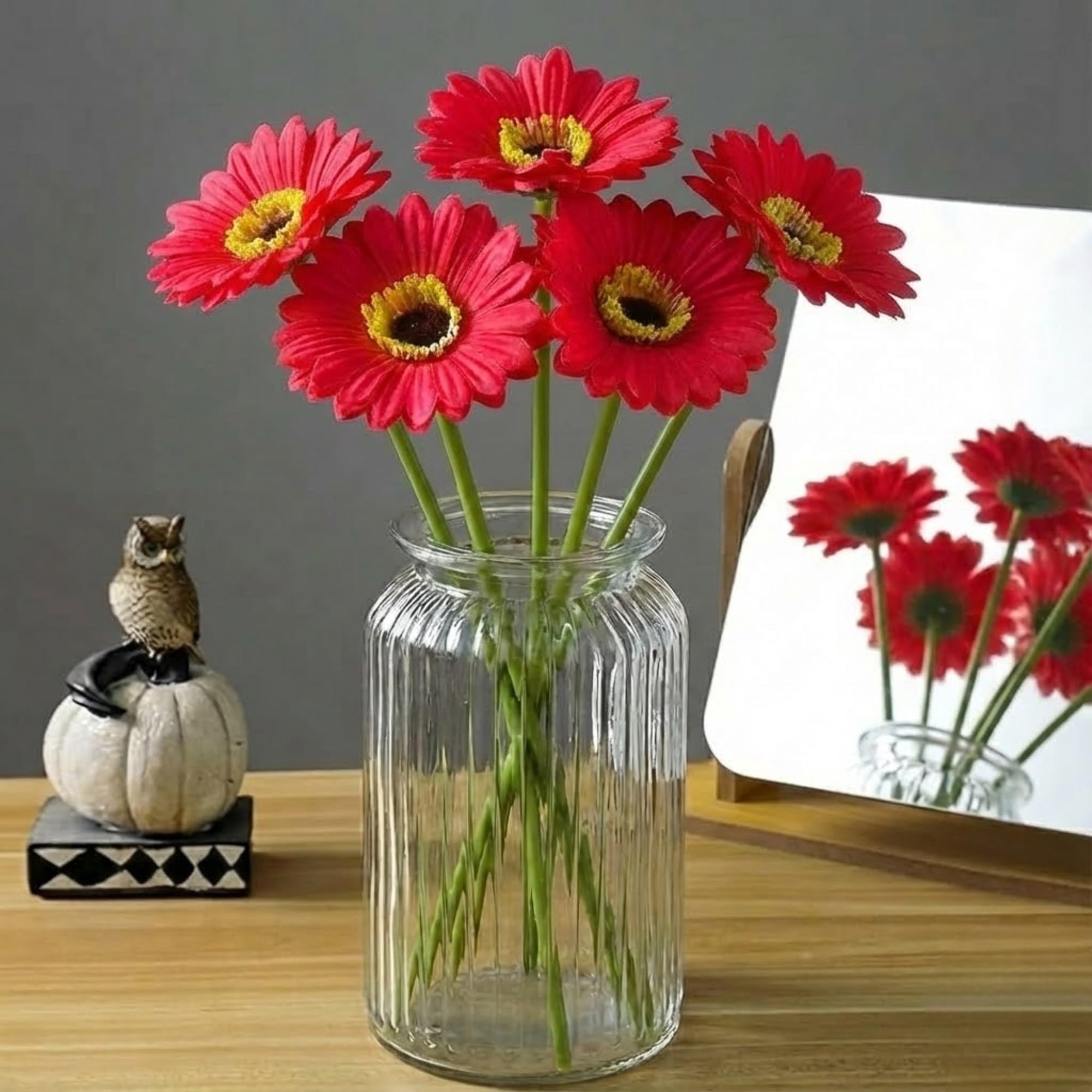 VENSA KINS Artificial Gerbera Flower Sticks (Pack of 5) for Home Decor | Realistic Faux Flowers for Vases | Wedding, Office, Living Room & Party Decoration | Long-Lasting, Washable & Reusable (Red)