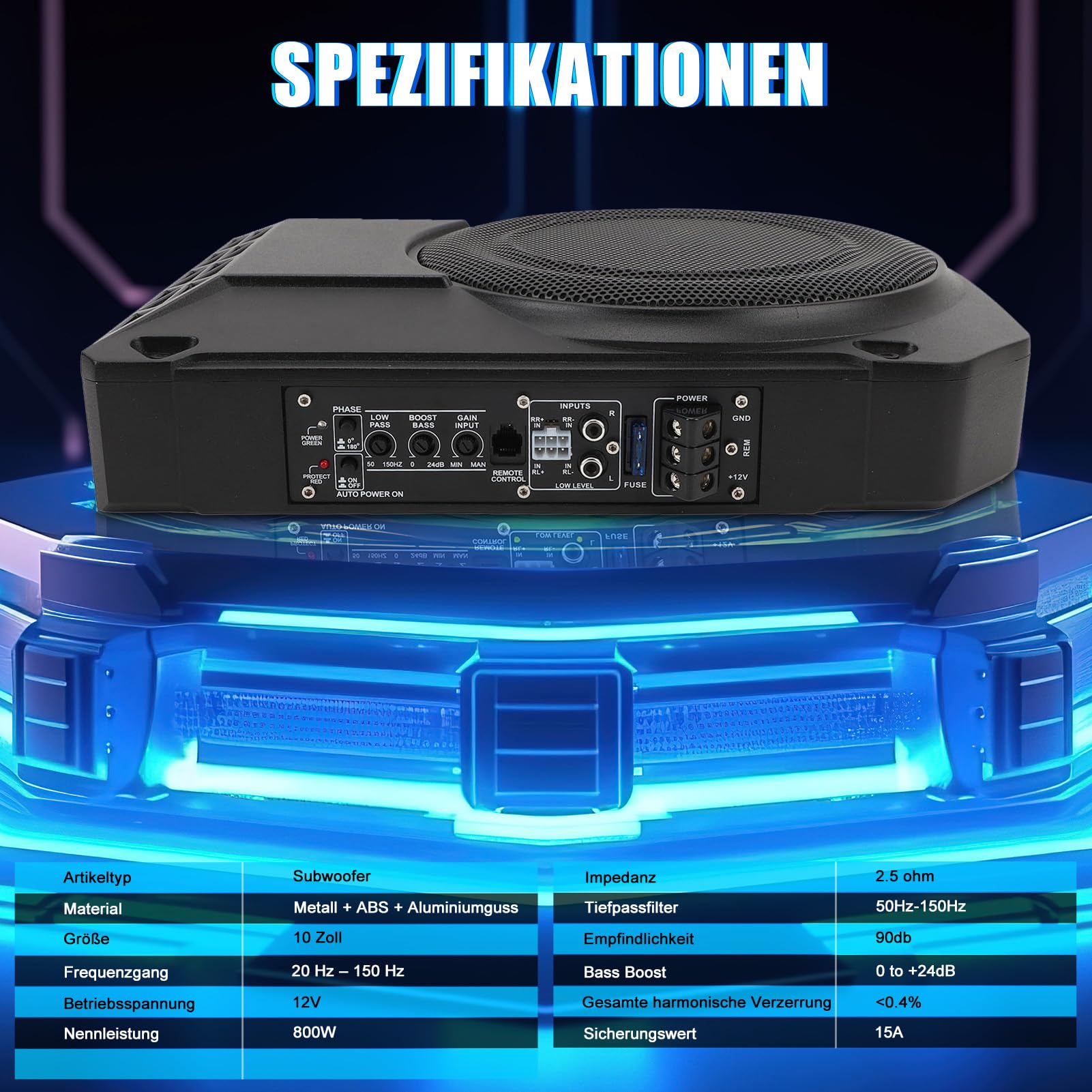 10 Zoll Aktiv Subwoofer Unter Sitz Car Audio Bassbox 800W 2.5 Ohm Ultra Flach Aktiver Auto Subwoofer Mit Verstärker Mit Controller Tiefton Lautsprecher Fahrzeug Sound System Car Truck SUV