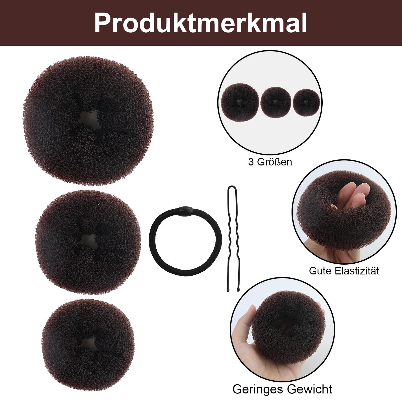 6 Pezzi Ciambella Per Chignon, ciambella chignon facile per capelli, elastico per ciambella chignon, marrone, con 20 elastici neri e 20 clip forma di U, per bambini, feste, vacanze