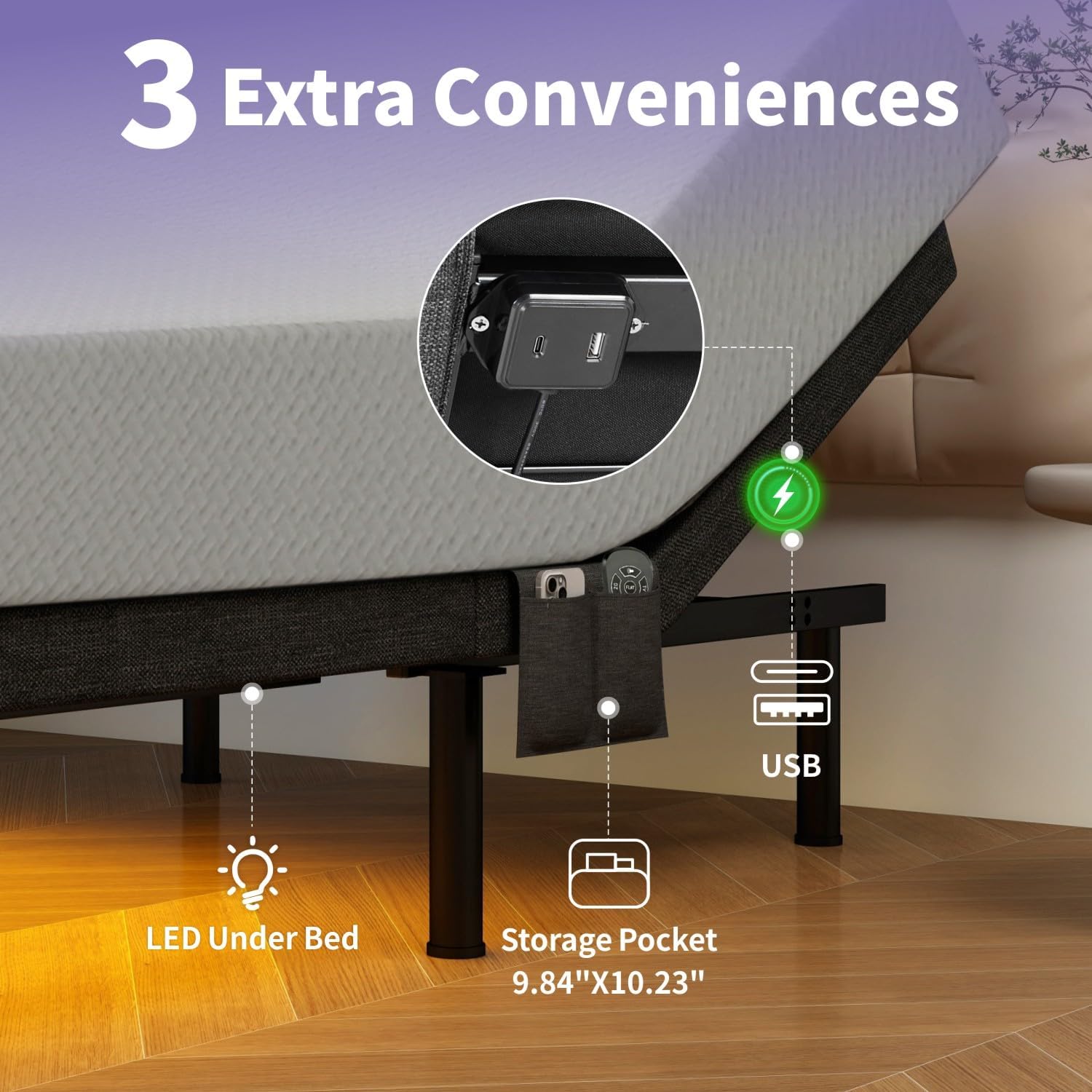 Vipbear Queen Size Adjustable Bed with 10" Memory Foam Mattress Electric Bed Frame with Head and Foot Incline, Under Bed Light, Adjustable Legs, Zero Gravity Mode, 4 USB Ports, Wireless Remote