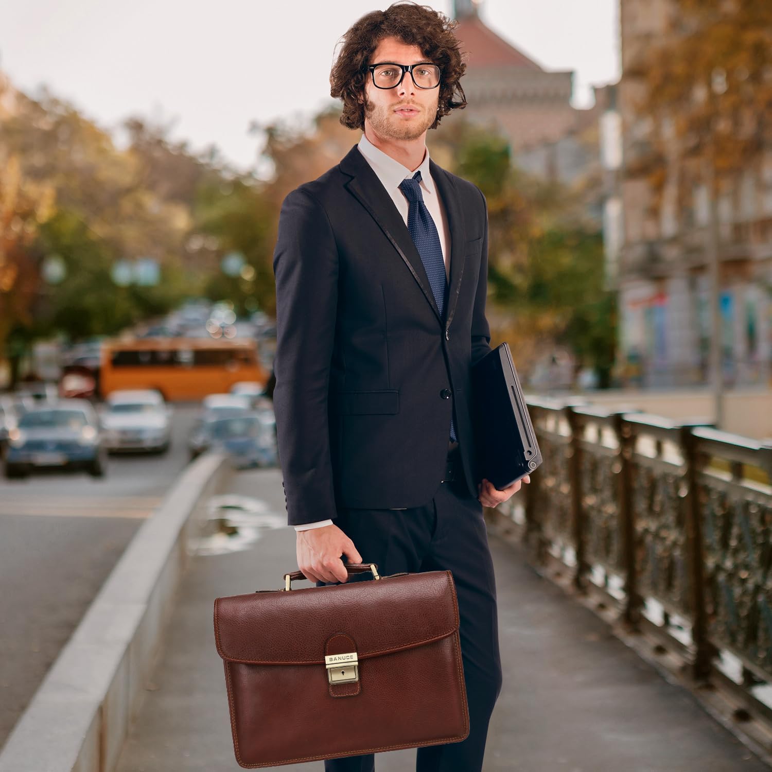 Banuce Vintage Genuine Full Grain Italian Leather Briefcase for Men with Lock 14 Inch Laptop Bag Business Work Bags Attache Case Brown - Image 2