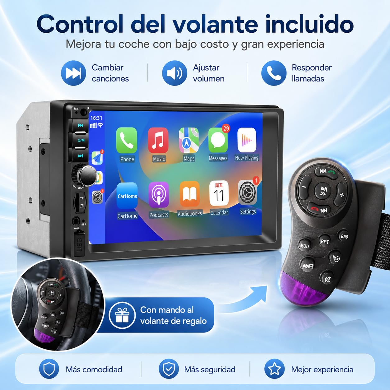 Autoradio Bluetooth 2 DIN con Carplay e Android Auto, 7 pollici con touchscreen 1080P Car Stereo supporta vivavoce/FM/Mirror Link/Wheel Control/porta USB/AUX/EQ/TF/WMA