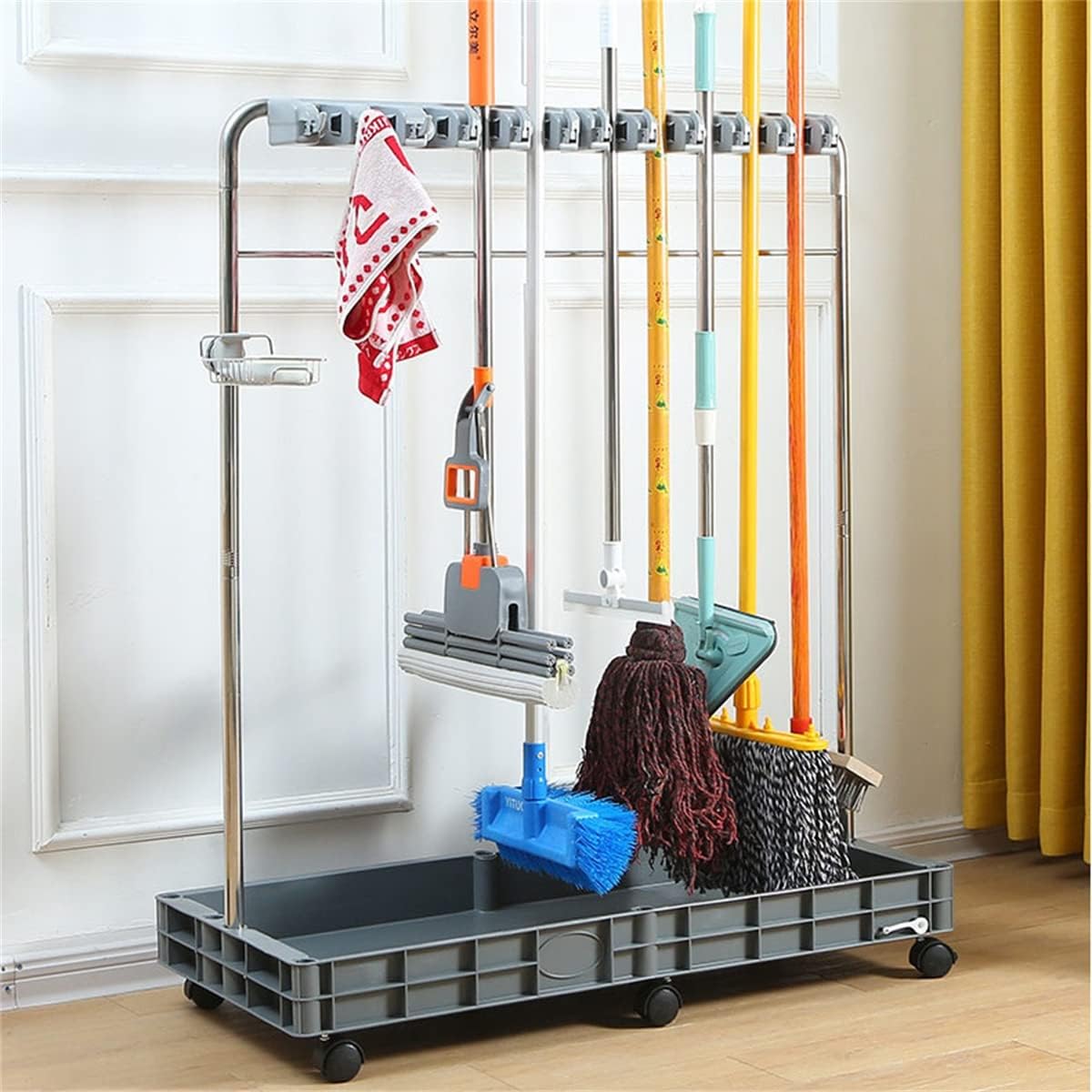JYBNBBE Stainless Steel Cleaning Cart with Multiple Slots, Movable Trolley on Wheels, Includes Broom and Mop Holder, for Home, Garden, and Factory Use