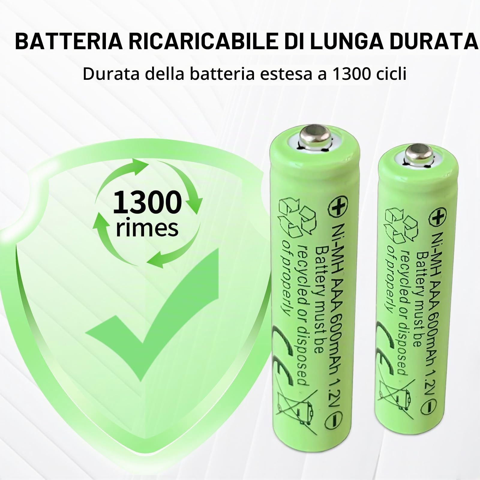 Batterie ricaricabili Ni-MH AAA, 1,2 V, capacità 600 mAh, ad alta capacità, adatte per più telecomandi/luci notturne solari, confezione da 8