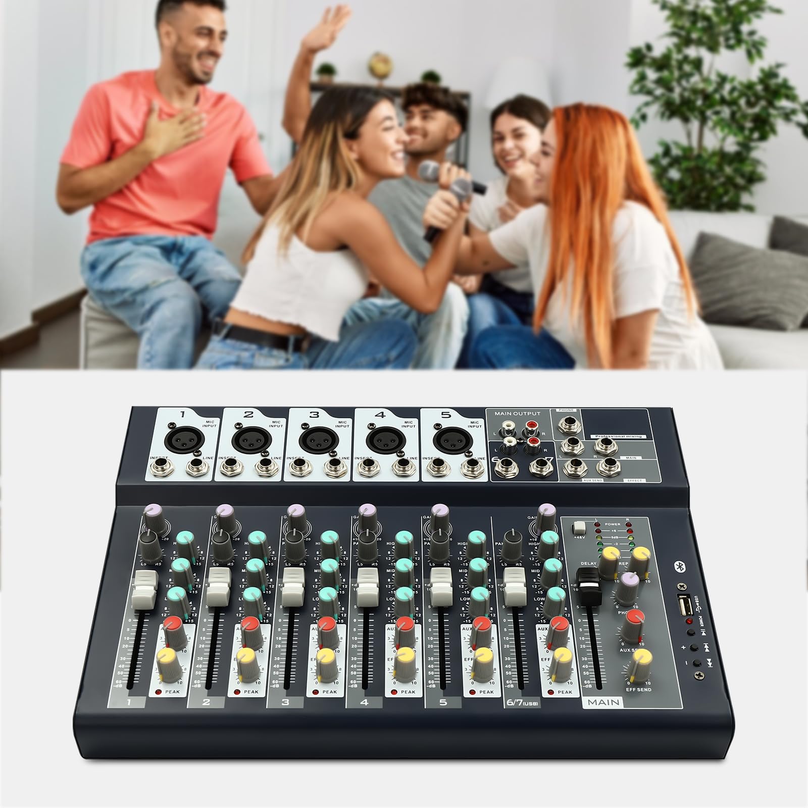 Mixer DJ a 7 canali, mixer professionale Bluetooth, USB, mixer audio senza fili, mixer audio portatile, per TV domestica, spettacoli palcoscenici, bar, ecc