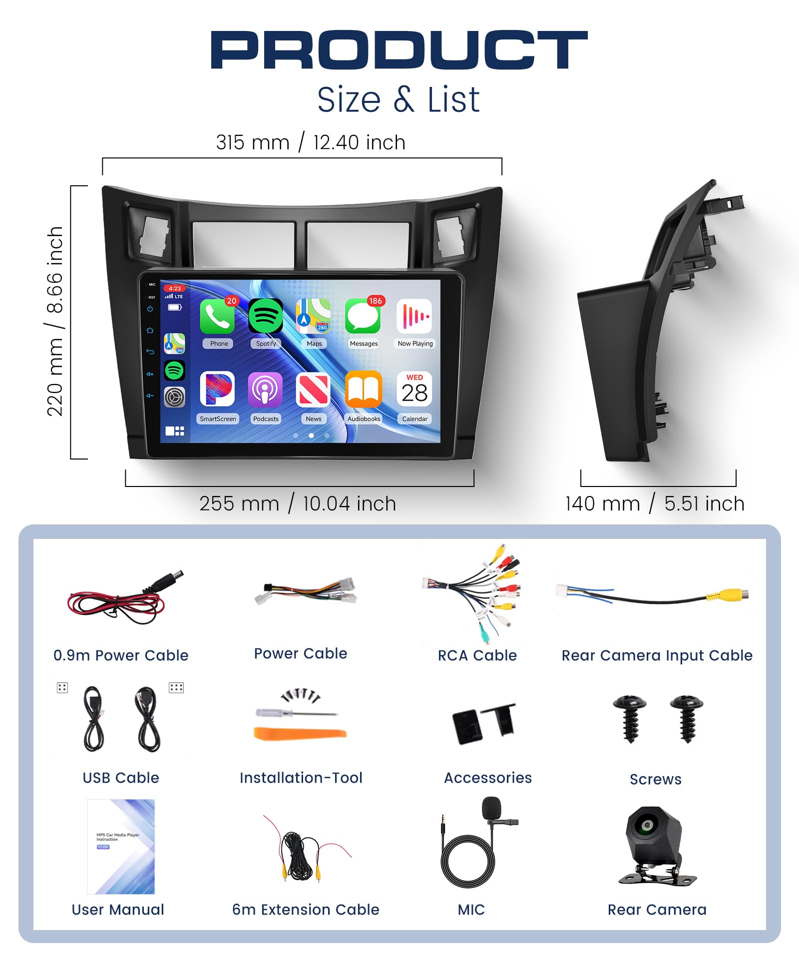 Rimoody Autoradio per Toyota Yaris 2005-2011 Carplay Wireless, 9 Pollici Touchscreen IPS Radio 2 din con Android Auto, Mirror Link, Bluetooth, FM/RDS, DSP, Comandi al Volante Retrocamera