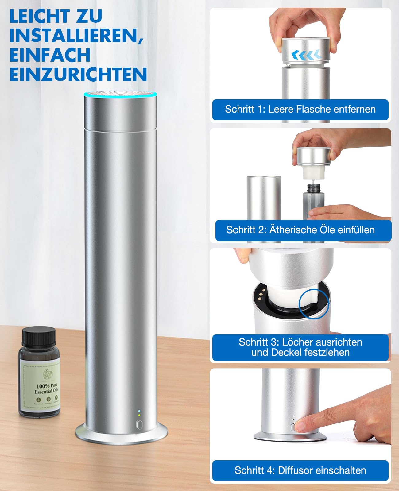 Wasserloser Diffusor Aroma Diffuser Kabellos Diffusoren 150ML Diffuser Ätherische Öle Smart Duftöl Diffuser mit 6 Lichtfarben 4000 mAh Akku 120㎡ Aromatherapie für Zuhause Büro Hotel Bar Yoga
