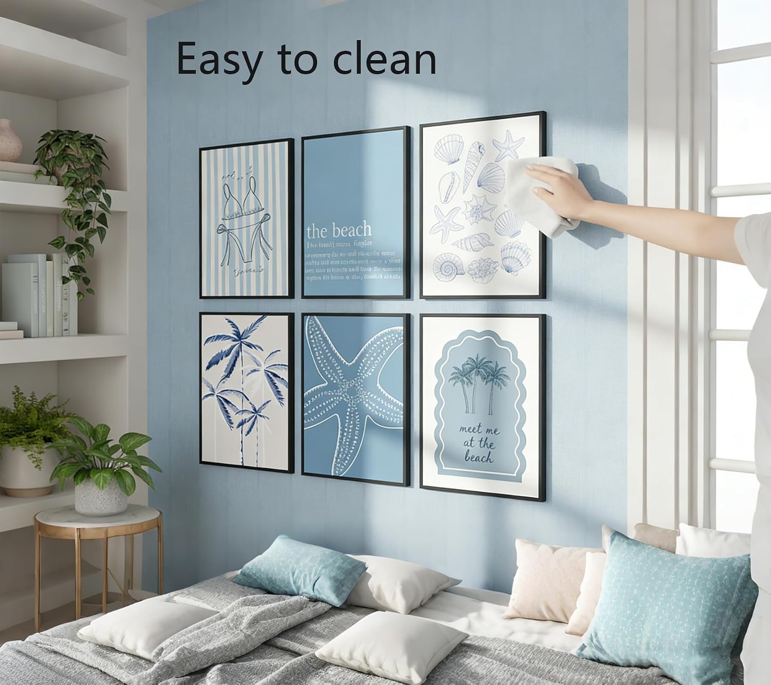 6pcs Blue Coastal Granddaughter Canvas Wall Art Light Blue Bikini Plant Starfish Posters Prints Paintings Summer Beach Shell Wall Decor Pictures for Living Room Bedroom Dorm Home Decorate Unframed