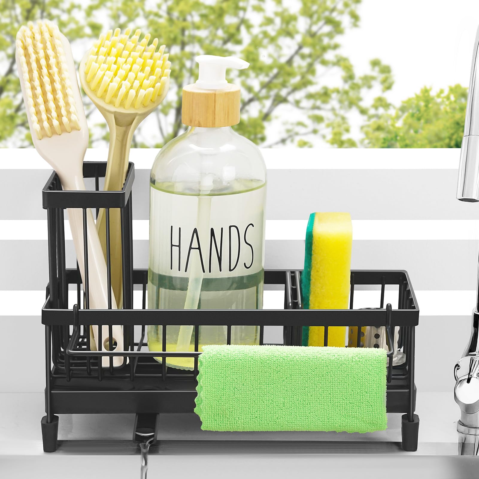 Sponge Holder for Kitchen Sink with Tall Brush Holder and Dishcloth Rack Rustproof Stainless Steel Sink Caddy Kitchen