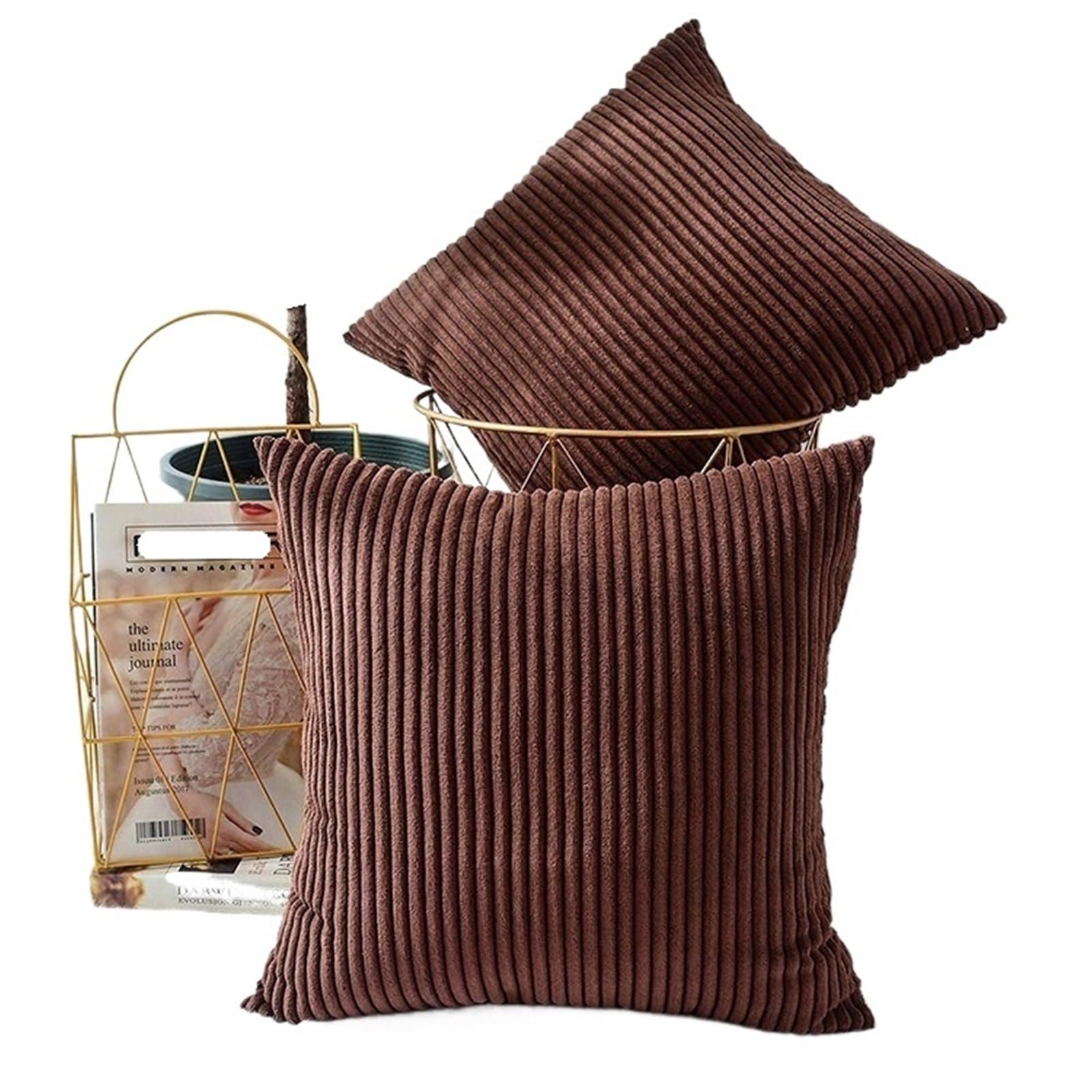 Corduroy Cushion Covers 2pcs Corduroy Striped Throw Pillow Covers For Sofa Bed Couch Car Soft Cushion With Zipper 12x20in/18x18in No Inserts for Sofa Couch Bedroom(2pcs Brown,45x45cm(17.7x17.7in))