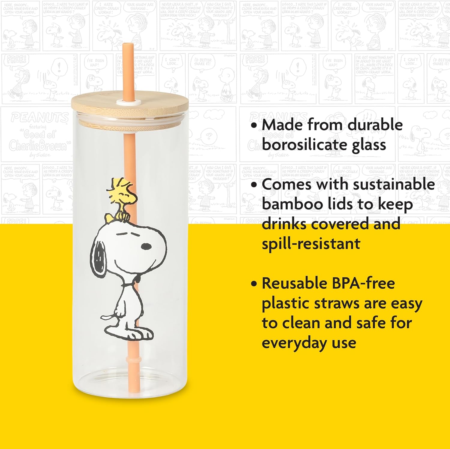 Peanuts Snoopy Happy Sips 4 Piece 23 OZ Tumbler Set with 4 Bamboo Lids and 4 Straws Set, Iced Coffee, Smoothie, Water Cup - Dishwasher Safe
